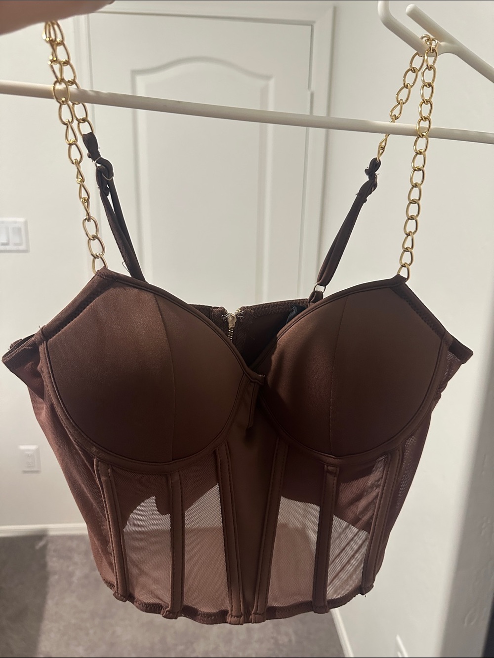 Women's Brown Longline Bustier with Gold Chain Straps
